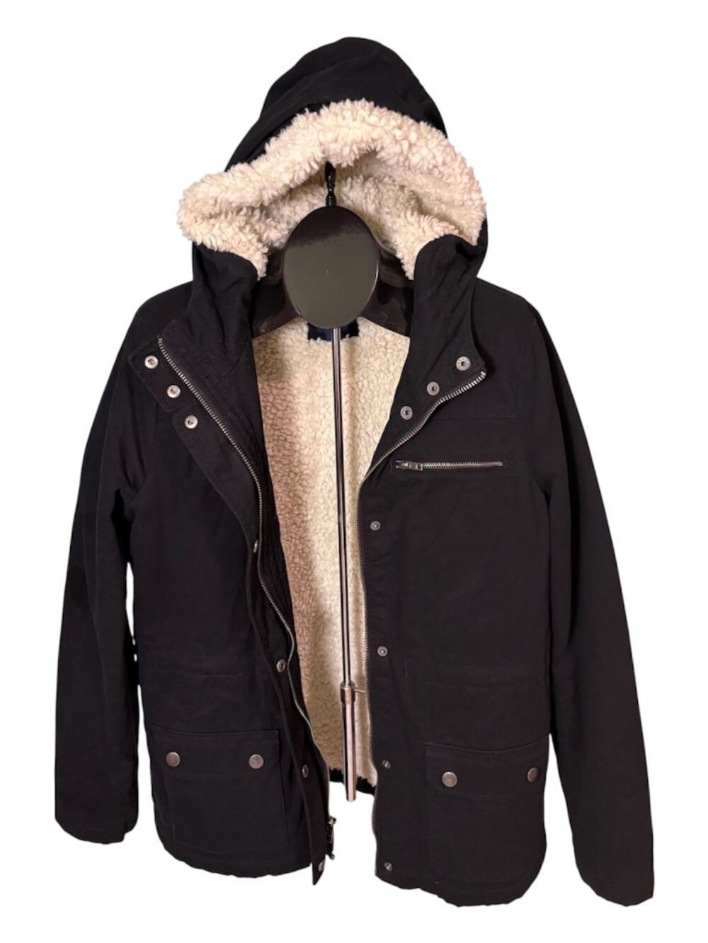 Gap Black Sherpa Lined Utility Parka Jacket Coat Women's L Hooded Full Zip